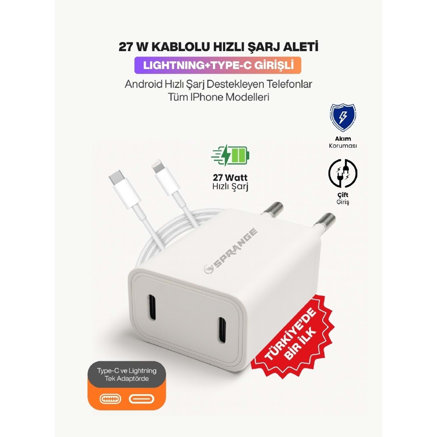 SPRANGE PLT-27 27W USB-L / USB-C PD Şarj Başlık Lightning – USB-C Data &amp; Şarj Kablo