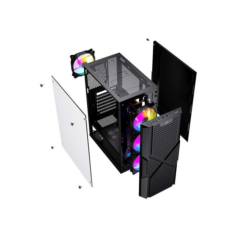 OYUNCU KASA USB 3.0, ATX Mesh Panel, Dahili 4 RGB Fanlı (3 Ön 1 Arka) , Siyah Oyuncu Kasası (PSU yok) GameBooster