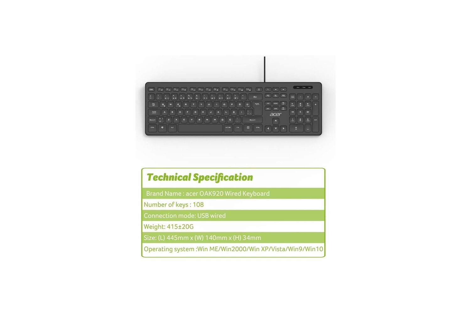 ACER STANDART 1.8MT USB Q KABLOLU SİYAH KLAVYE