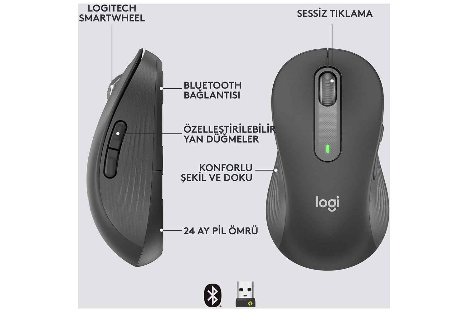 LOGITECH SIGNATURE M650 BUYUK BOY SOL EL ICIN SESSIZ KABLOSUZ MOUSE-SIYAH