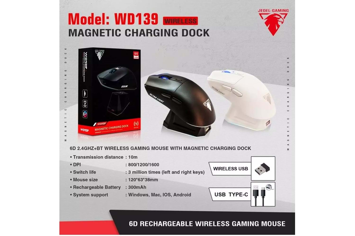 JEDEL WD139 1600 DPİ 6D KABLOSUZ+BT 2.4GHZ MOUSE RGB GAMİNG MAGNETİC CHARGİNG DOCK