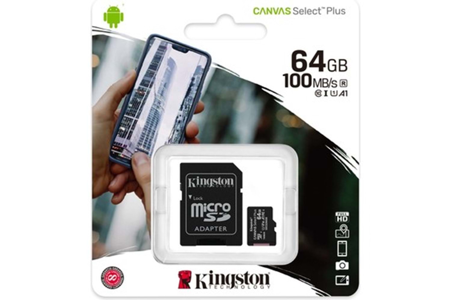 KINGSTON SDCS2/64GB 64 GB micSDXC CANVAS SELECT PLUS 100R A1 C10 Card + ADP HAFIZA KARTI