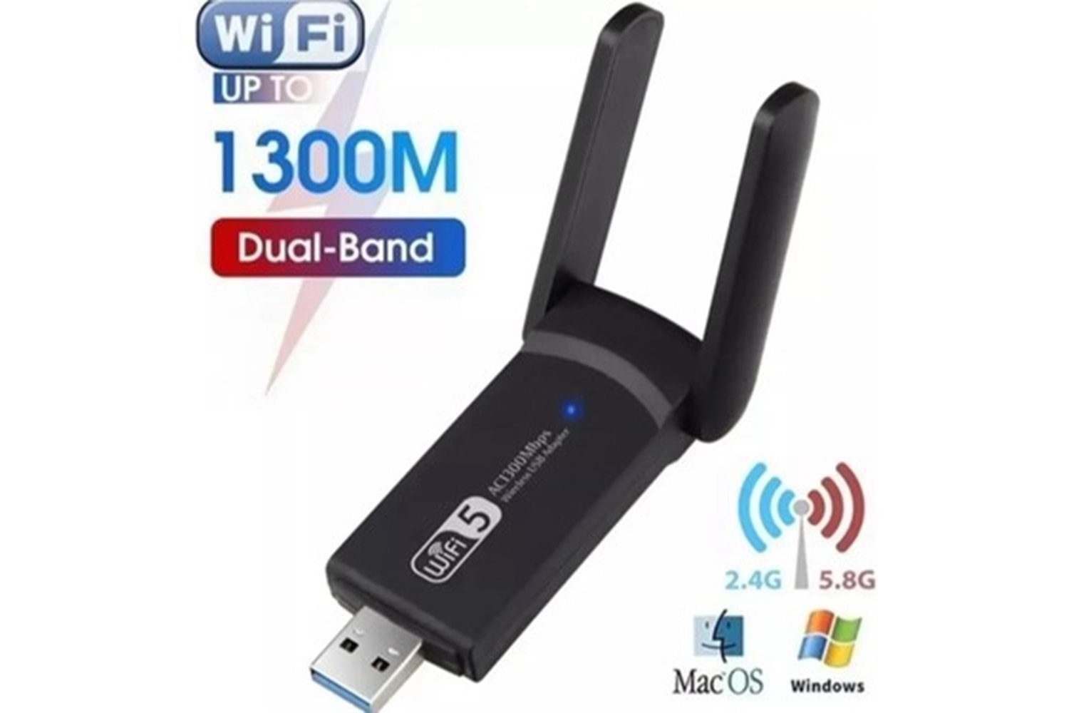 DUAL BAND USB WİFİ 5 1300MBPS USB 3.0 2.4G-5.8GHZ Wİ-Fİ ÇİFT ANTEN ADAPTER
