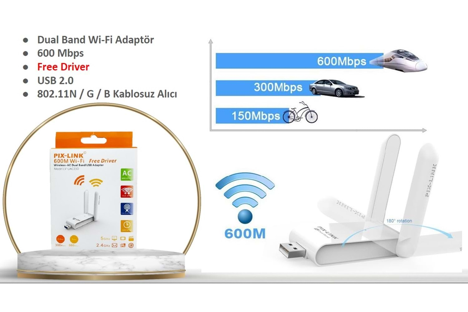 PİX-LİNK 600MBPS W-6 USB WIFI ÇİFT ANTEN ADAPTER W6