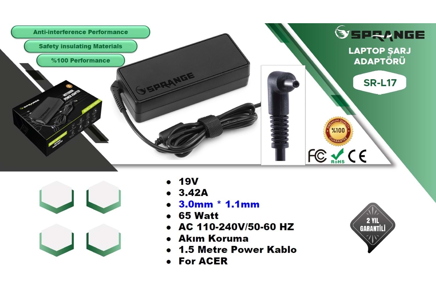 19V 3.42A 3.0*1.1 ACER - CASPER İNCE UÇ L17 SPRANGE SR-L17