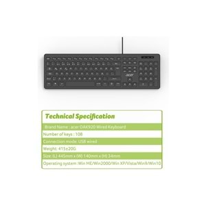 ACER STANDART 1.8MT USB Q KABLOLU SİYAH KLAVYE