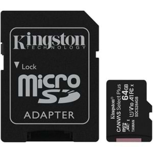 KINGSTON SDCS2/64GB 64 GB micSDXC CANVAS SELECT PLUS 100R A1 C10 Card + ADP HAFIZA KARTI