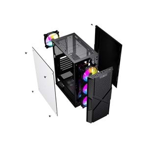 OYUNCU KASA USB 3.0, ATX Mesh Panel, Dahili 4 RGB Fanlı (3 Ön 1 Arka) , Siyah Oyuncu Kasası (PSU yok) GameBooster