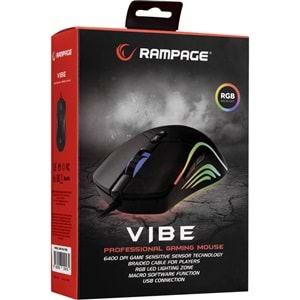 RAMPAGE SMX-R54 VIBE USB SIYAH RGB AYDINLATMALI 6400 DPI GAMING OYUNCU MOUSE