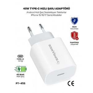 SPRANGE PT-45S 45W Type-C Iphone 15/16/17 Uyumlu Hızlı Şarj Adaptörü PT45S