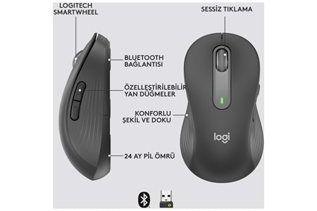 LOGITECH SIGNATURE M650 BUYUK BOY SOL EL ICIN SESSIZ KABLOSUZ MOUSE-SIYAH