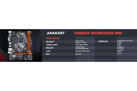 Turbox B85(H81) Sata.M2 Ddr3 1600MHz Usb 3.0 Vga Hdmi Ses G.Lan 1150P 4.Gen Anakart