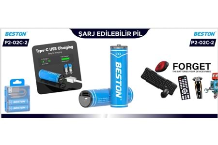 BESTON PİL P2-02C-2 Şarj Edilebilir 2'Li 1.5V Aaa Usb Type-C Şarj Kablolu