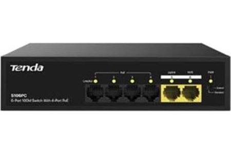 TENDA S106PC 6 PORT 4 PORT POE+10/100 MBPS+2 PORT UPLİNK SWİTCH ÇELİK KASA RACK MOUNT