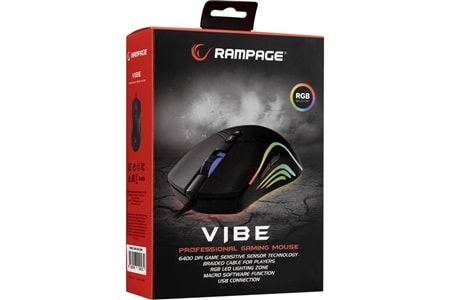 RAMPAGE SMX-R54 VIBE USB SIYAH RGB AYDINLATMALI 6400 DPI GAMING OYUNCU MOUSE