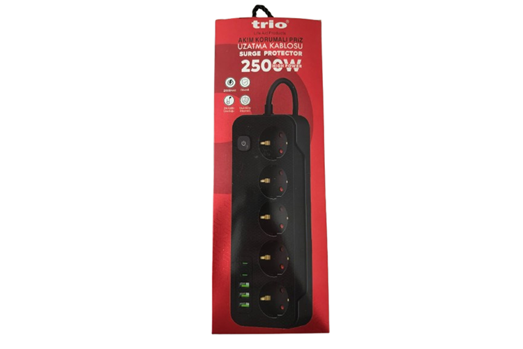 TRİO 5 LÜ (3*USB+2*TYPE-C) 2500W 2MT AKIM KORUMALI PRİZ-TR3441