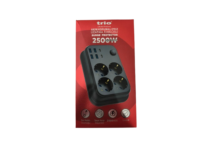 TRİO 4 LÜ (4*USB+2*TYPE-C) 2500W 2MT AKIM KORUMALI PRİZ-TR3442