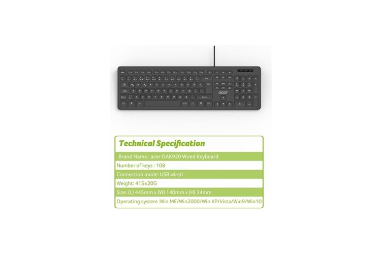 ACER STANDART 1.8MT USB Q KABLOLU SİYAH KLAVYE