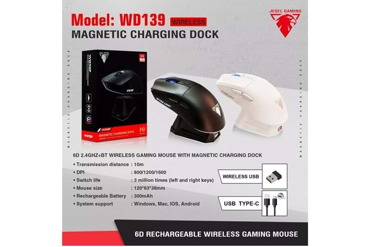 JEDEL WD139 1600 DPİ 6D KABLOSUZ+BT 2.4GHZ MOUSE RGB GAMİNG MAGNETİC CHARGİNG DOCK