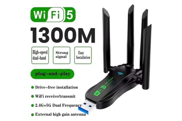 DUAL BAND USB WİFİ 5 1300MBPS USB 3.0 2.4G-5.8GHZ Wİ-Fİ ÇİFT ANTEN ADAPTER