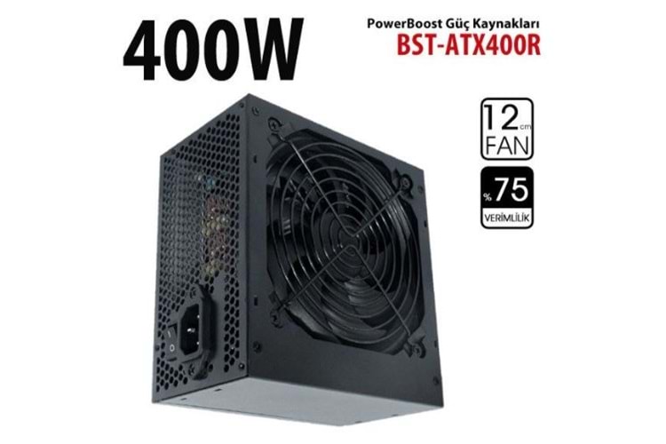 POWERBOOST BST-ATX400R 400W PPFC 12CM SİYAH FANLI ATX PSU POWER KABLO RETAİL BOX GÜÇ KAYNAĞI
