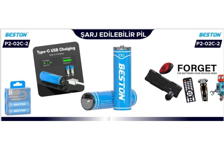 Beston Pil P2-02C-2 Şarj Edilebilir 2'Li 1.5V Aaa Usb Type-C Şarj Kablolu