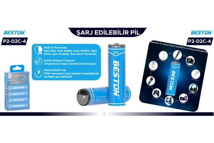 Beston Pil P2-02C-4 Şarj Edilebilir 4'Lü 1.5V Aaa Usb Type-C Şarj Kablolu