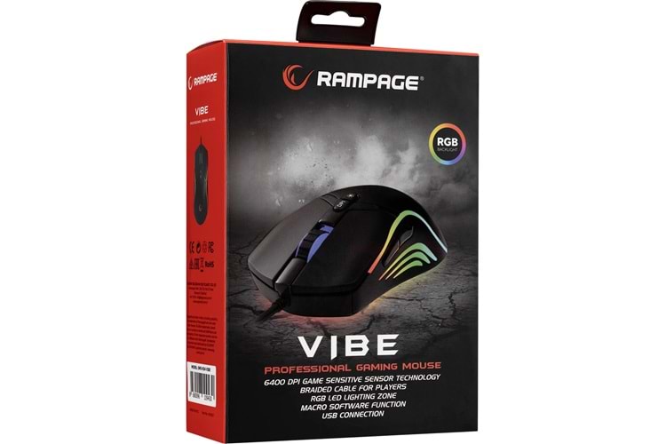 RAMPAGE SMX-R54 VIBE USB SIYAH RGB AYDINLATMALI 6400 DPI GAMING OYUNCU MOUSE