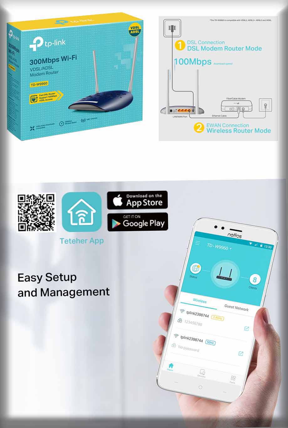 TP-LINK TD-W9960, WiFi 4 VDSL, ADSL, Modem, Router, 2 Harici Anten, 300 Mbps, 4 Ethernet Portu, Kolay Kurulum, Dual Band Desteği,