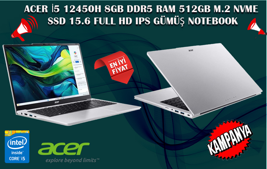 ACER, ASPİRE, İ5, 12450H, 8GB, DDR5, RAM, 512, GB, M.2, NVME, SSD, 15.6, FULL, HD, IPS, GÜMÜŞ, NOTEBOOK