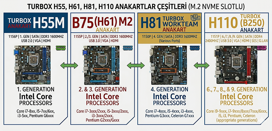 turbox, asus, gigabyte, msi, casper, H55, H61, H81, H110 Intel 1. 2. 3. 4. Nesil DDR3 ve DDR4 anakart modelleri aslansarf.com