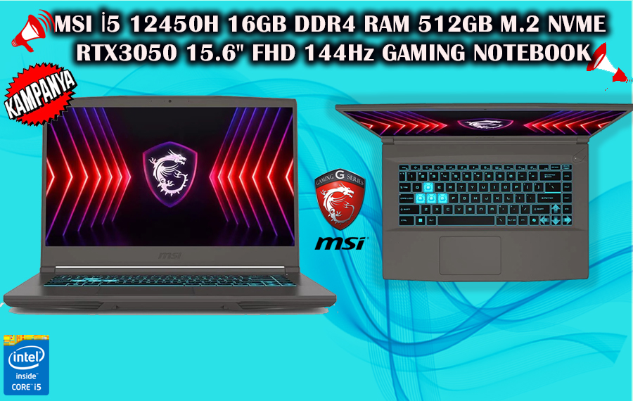 MSI İ5 12450H, 16GB, DDR4, RAM, 512GB, M.2, NVME, SSD, RTX3050, 15.6