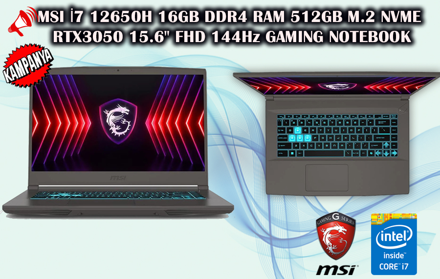 MSI, İ7, 12650H, 16GB, DDR4, RAM, 512GB, M.2 NVME, SSD, RTX3050, 15.6