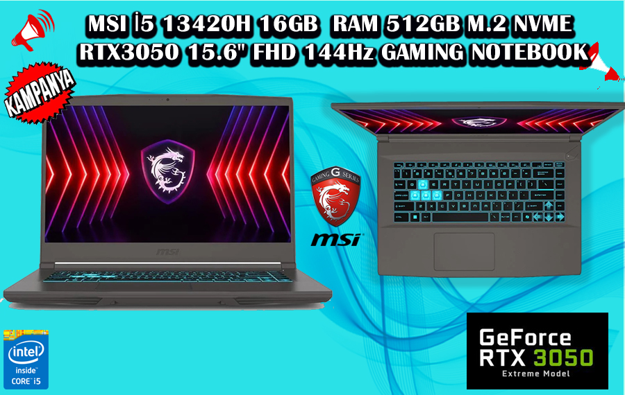 MSI İ5 12450H, 16GB, DDR4, RAM, 512GB, M.2, NVME, SSD, RTX3050, 15.6
