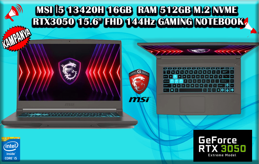 MSI İ5 12450H, 16GB, DDR4, RAM, 512GB, M.2, NVME, SSD, RTX3050, 15.6