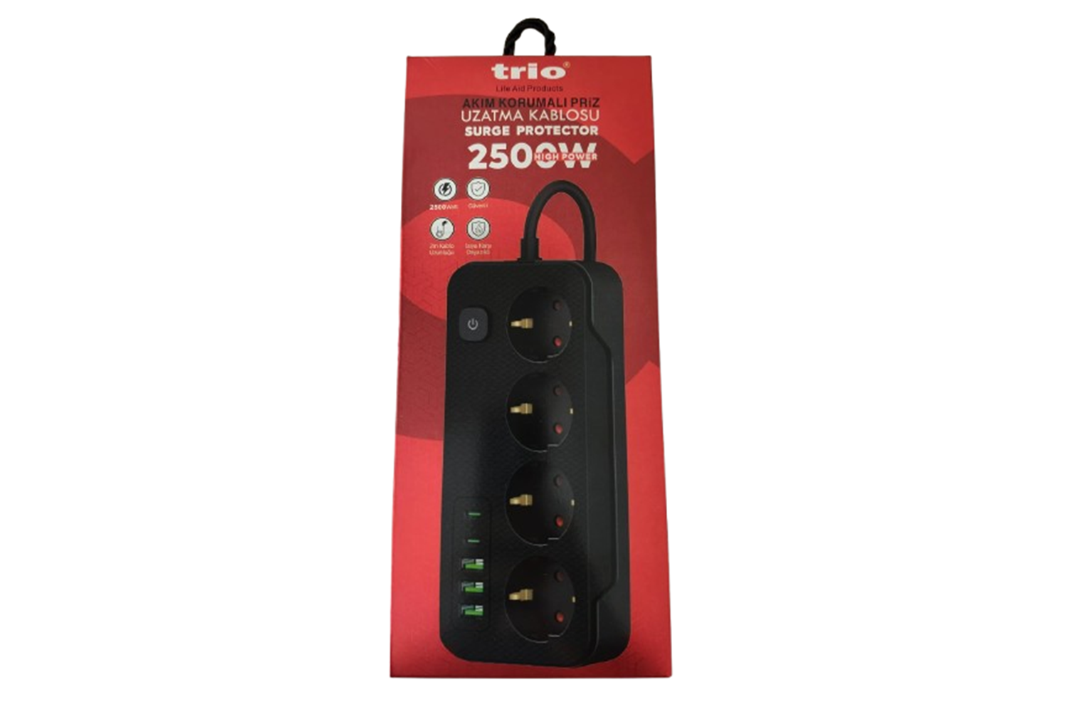 TRİO 4 LÜ (3*USB+2*TYPE-C) 2500W 2MT AKIM KORUMALI PRİZ-TR3440
