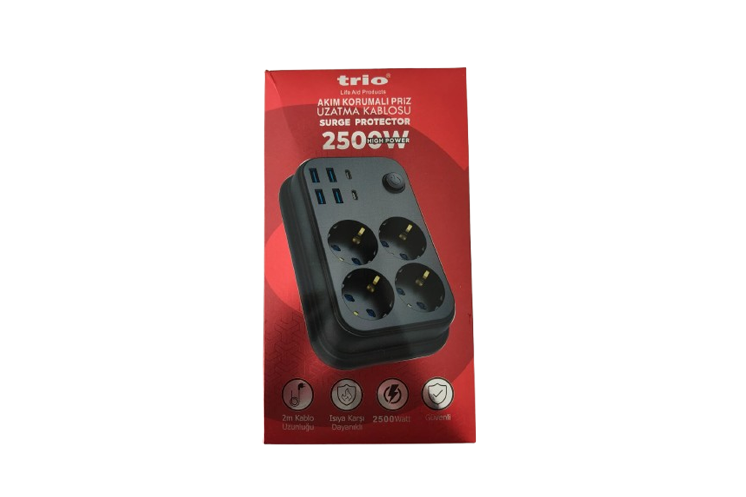TRİO 4 LÜ (4*USB+2*TYPE-C) 2500W 2MT AKIM KORUMALI PRİZ-TR3442