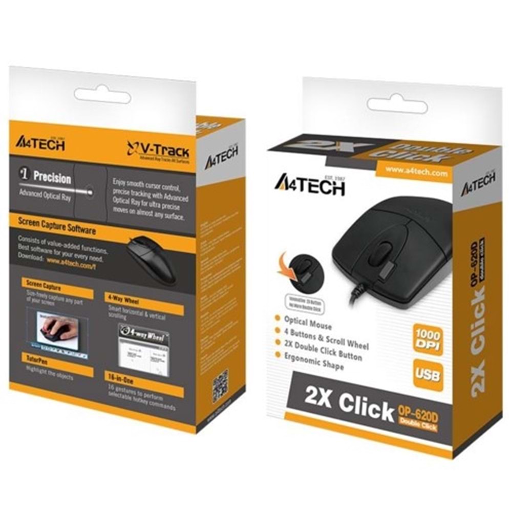 A4 TECH OP-620D SİYAH USB OPTIK 1200DPI 1,5MT KABLO MOUSE