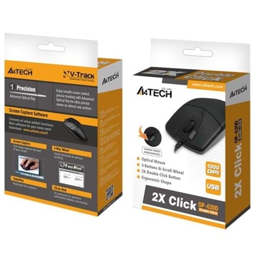 A4 TECH OP-620D SİYAH USB OPTIK 1200DPI 1,5MT KABLO MOUSE