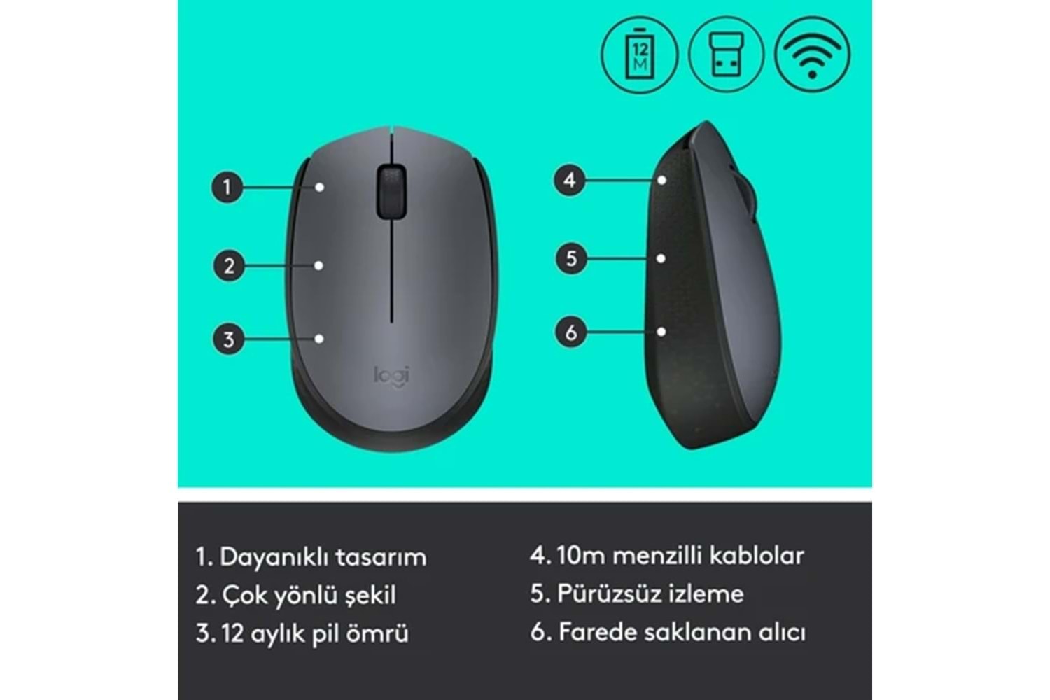 Logitech M170 USB Alıcılı Kablosuz Mouse - Gri