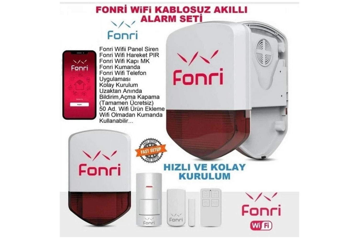 FONRI 1G KABLOSUZ ALARM SETİ ( Dış siren ve Ana Panel Birarada, Hareket sensörü, Kapı pencere sensörü ve Uzaktan kumanda )