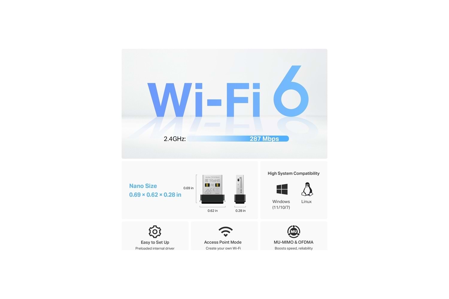 TP-LİNK ARCHER TX1U 300MBPS 2.4GHZ Wİ-Fİ 6 USB ADAPTÖR