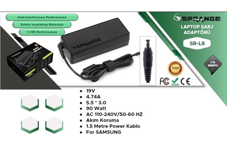 19V-4.74A 5.5*3.0 90w SAMDUNG SPRANGE SR-L8 NOTEBOOK Adaptör