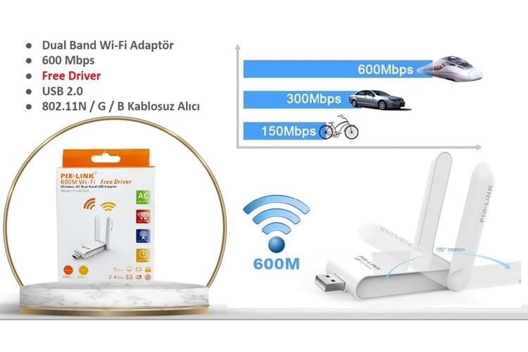 PİX-LİNK 600MBPS 5ghz W-6 USB WIFI ÇİFT ANTEN ADAPTER W6