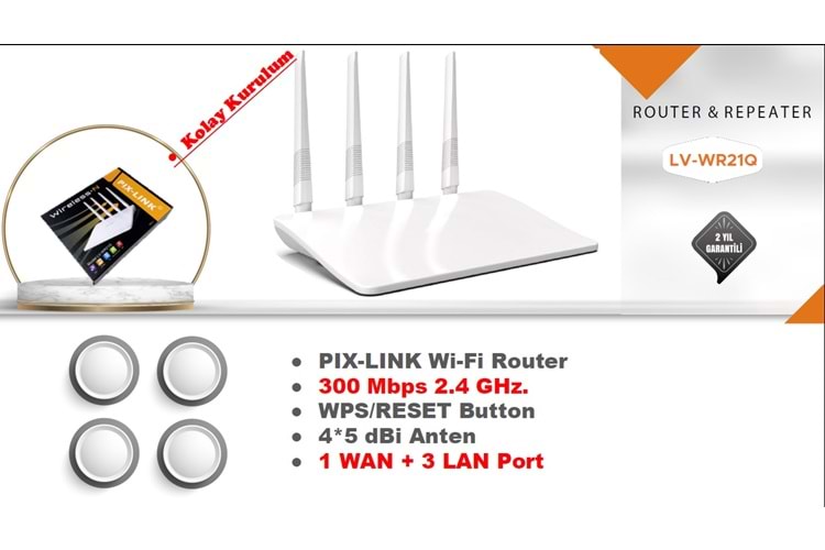 PIX-LINK LV-WR21Q 4 ANTENLI WI-FI 300 MBPS 2.4 GHZ WISP-REPEATER-ACCES POINT-ROUTER