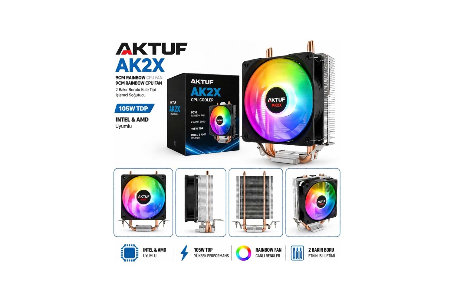 AKTUF AK2X RAİNBOW 2 BAKIR BORULU AMD/İNTEL KULE TİPİ YÜKSEK İŞLEMCİ SOĞUTUCUSU SİYAH