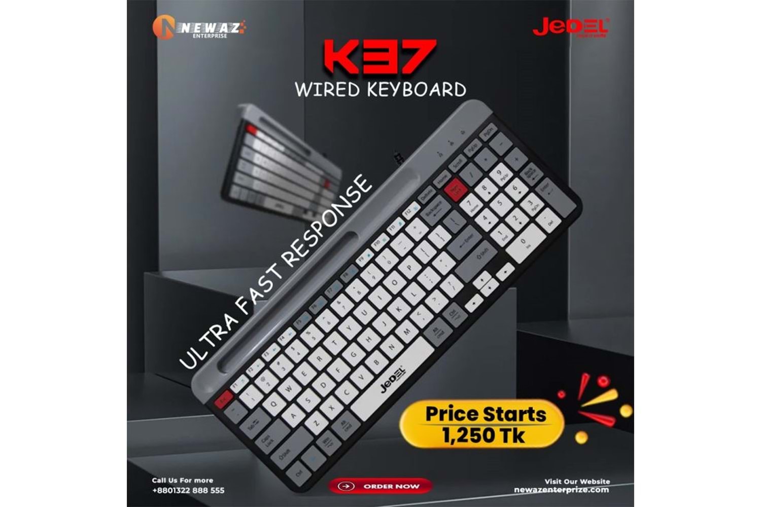 JEDEL USB KABLOLU BEYAZ -GRİ RENKLİ YUMUŞAK TUŞLU HIZLI TEPKİ SESSİZ DÜĞMELİ KLAVYE K37