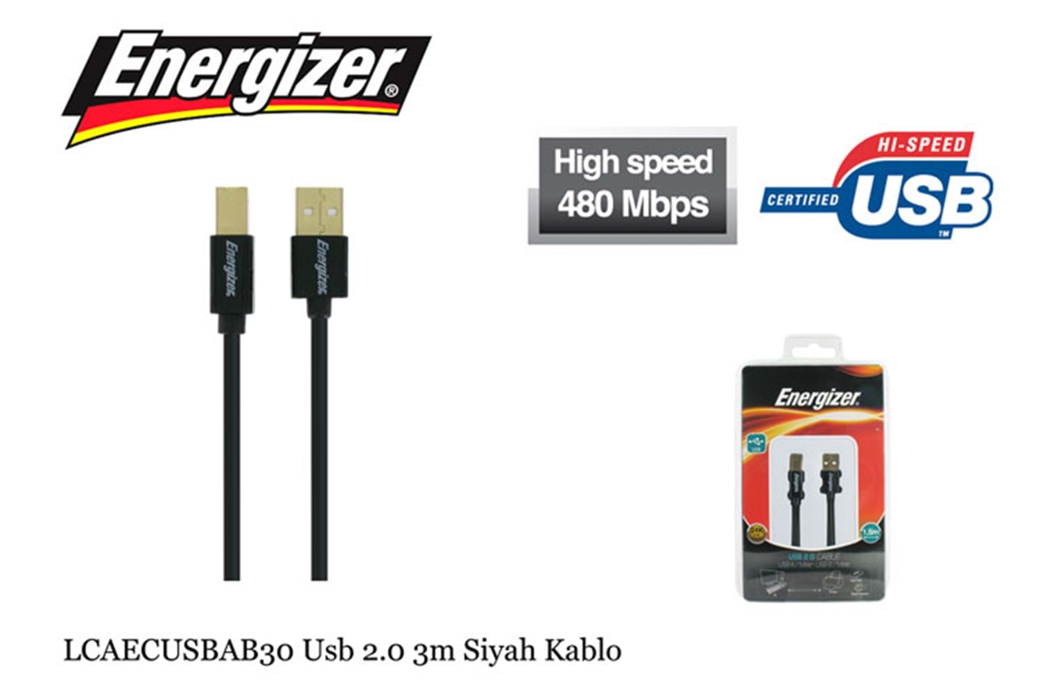 ENERGIZER 2.0 3m USB YAZICI SİYAH KABLO