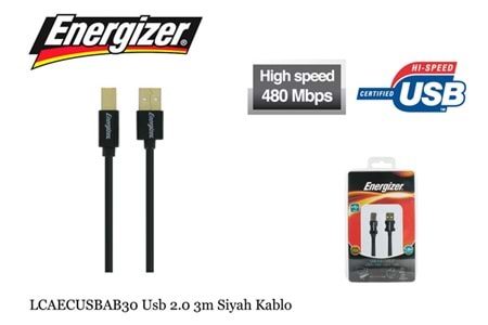 ENERGIZER 2.0 3m USB YAZICI SİYAH KABLO