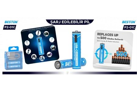 Beston Pil P2-01C Şarj Edilebilir 2'Li 1.5V Aaa Usb Type-C Şarj Kablolu